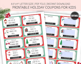 PRINTABLE Christmas Coupon, Holiday Gift Idea for Kids, Reward Coupons, Printable Tickets, Activity For Boys and Girls, Instant Download