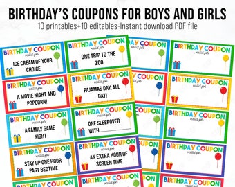 PRINTABLE Birthday Coupons, Editable Gift Coupons, Birthday Gift Idea for Boys and Girls, Birthday Coupons Custom,Instant Download.