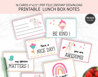 Printable Lunch Box Notes , Encouragement Cards for Kids , Back to School, Blank and Pre- Filled Notes, Instant Download.