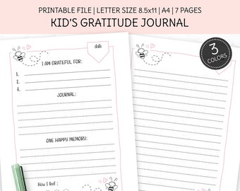 Printable Gratitude Journal for Kids, Today I am Grateful, Teach Gratitude, Cute Bee, A4, Letter Inserts.