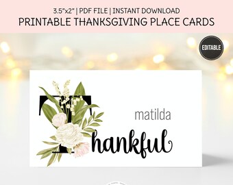 Editable Place Card Template, Thanksgiving Table Decor, Holiday Dinner, Fall Printable Place card , Thankful and Grateful DIY Place Cards.