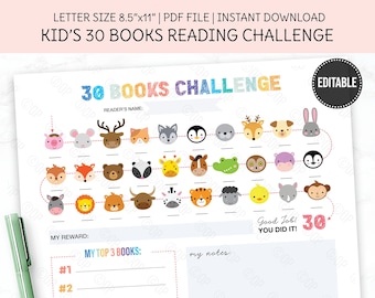 Printable Reading Challenge Chart, Reading Tracker, Kids Reading Record, Home School Template, 30 Books Challenge, Children Reading Reward.