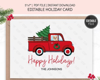 Corgi Holiday Card, Printable Holiday Card, Editable Christmas Greeting Card, Dog Lover, Instant Download PDF