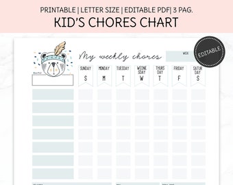 Editable Kids Chores Chart,  Printable Chart, To do List for Kids, Editable Weekly Planner, Instant Download.