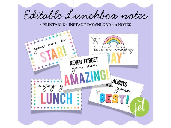 EDITABLE Lunch Box Notes, Printable Kid's Lunch Box Cards, Back to School, Encouragement Cards for Boys and Girls, Instant Download.