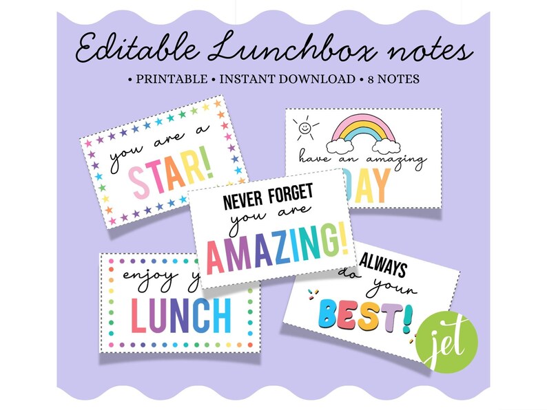 EDITABLE Lunch Box Notes, Printable Kid's Lunch Box Cards, Back to School, Encouragement Cards for Boys and Girls, Instant Download. image 1