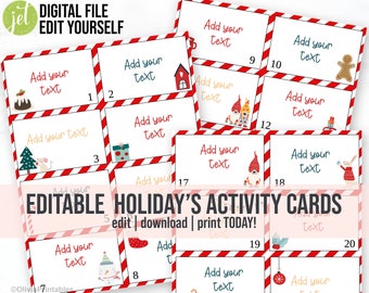 PRINTABLE  Holiday Activity Cards for the Family, Advent Calendar Cards, Christmas Activities for Kids,  Editable Activity Cards.