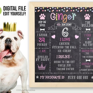 EDITABLE Pet Birthday Sign, Dog Birthday Chalkboard, Birthday Stats for Puppy Dog, Dog Milestone Board, Photo Prop, Dog Personalized Sign