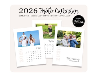 2026 Photo Calendar Template, Editable Canva Calendar, Custom Picture Calendar Printable, Family Photo Calendar, DIY Wall Calendar Download