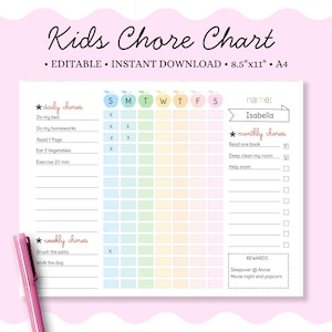 EDITABLE Kids To Do List, Printable Template, Weekly Chores Chart, Checklist for Kids, Daily Planner for Boy and Girl, PDF File.