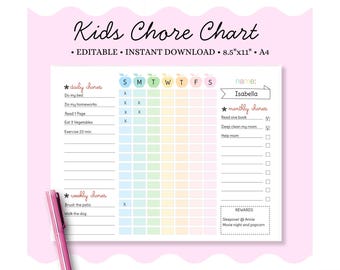 EDITIERBARE Kinder To Do-Liste, druckbare Vorlage, Wochenübersicht für die Hausarbeit, Checkliste für Kinder, Tagesplaner für Jungen und Mädchen, PDF-Datei.