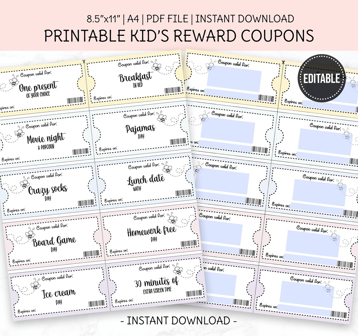 Printable Kids Reward Coupon Editable Reward Tickets Pre Filled