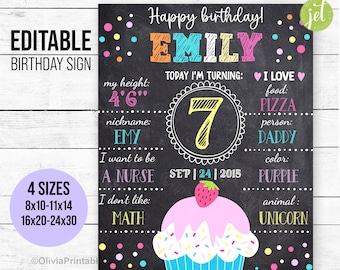EDITABLE Birthday Chalkboard Sign, Girl Birthday Stats , Kid Birthday Milestone Sign, Birthday Party Decoration, Photo Prop, Digital File