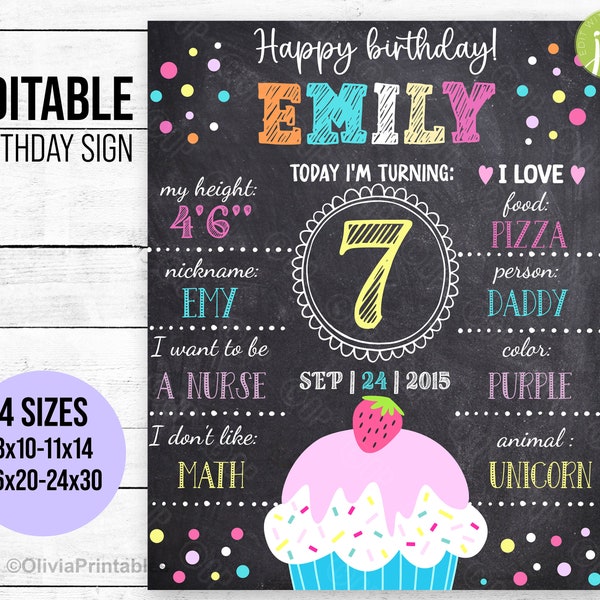 EDITABLE Birthday Chalkboard Sign, Girl Birthday Stats , Kid Birthday Milestone Sign, Birthday Party Decoration, Photo Prop, Digital File