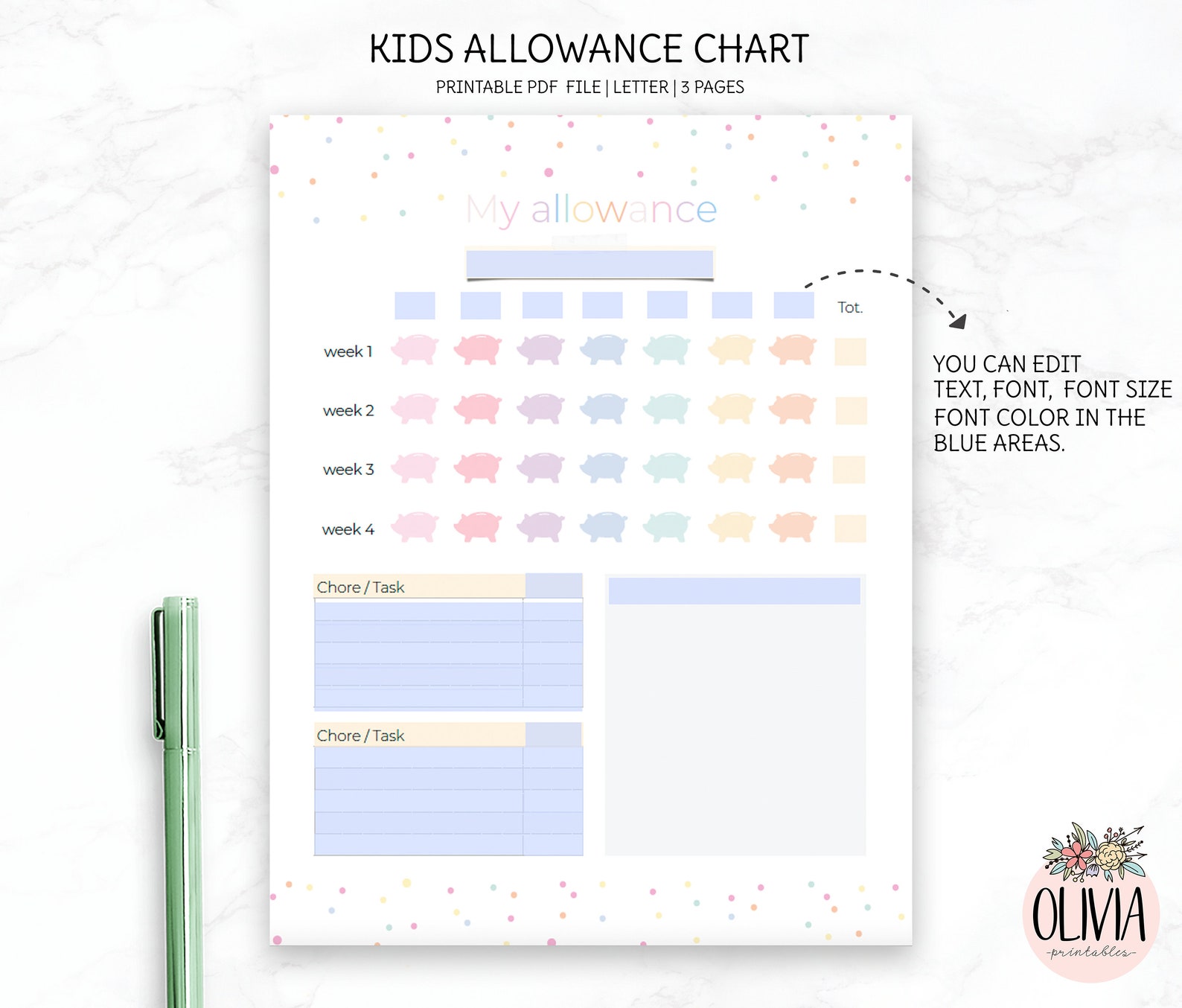 Kids Allowance Chart, Printable Template, Editable Allowance Tracker ...