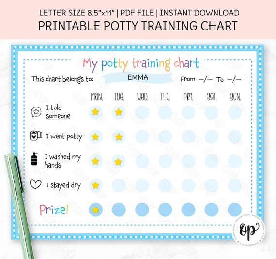PRINTABLE Potty Training Chart, Toddler Printable, Weekly Potty Reward Printable, Kids Potty Chart, Letter Size, Instant Download