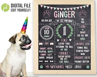 EDITABLE Pet Birthday Chalkboard, Dog Birthday Sign, Dog Printable Sign, Birthday Stats for Puppy, Dog Milestone Board, Party Photo Prop.