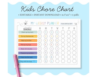 Printable Weekly Chore Chart for Kids, Editable Weekly Planner, Family Chores Schedule, Reward Tracker, Sunday & Monday Start