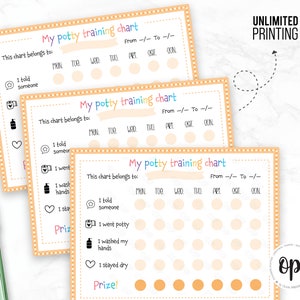 May include: Three printable potty training charts with a colorful design. Each chart has a section for the child's name, a list of potty training tasks, and a grid of circles for tracking progress. The charts are labeled "My Potty Training Chart" and include the text "From -/- To -/-" and "Unlimited Printing".