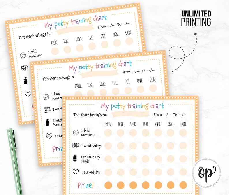 May include: Three printable potty training charts with a colorful design. Each chart has a section for the child's name, a list of potty training tasks, and a grid of circles for tracking progress. The charts are labeled "My Potty Training Chart" and include the text "From -/- To -/-" and "Unlimited Printing".