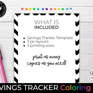 K&ouml;nnte beinhalten: Schwarz-wei&szlig;es druckbares Spar-Tracker-Template mit dem Text "What is Included" und einer Liste der Funktionen: Savings Tracker Template, 3 Jar Layouts, 3 Druckgr&ouml;&szlig;en. Der Text "Print as many copies as you need!" ist ebenfalls enthalten. Der Text "Olivia Printables" befindet sich am unteren Rand der Seite.