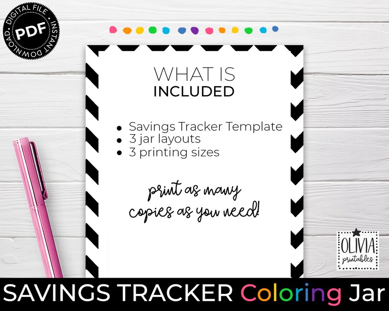 K&ouml;nnte beinhalten: Schwarz-wei&szlig;es druckbares Spar-Tracker-Template mit dem Text "What is Included" und einer Liste der Funktionen: Savings Tracker Template, 3 Jar Layouts, 3 Druckgr&ouml;&szlig;en. Der Text "Print as many copies as you need!" ist ebenfalls enthalten. Der Text "Olivia Printables" befindet sich am unteren Rand der Seite.