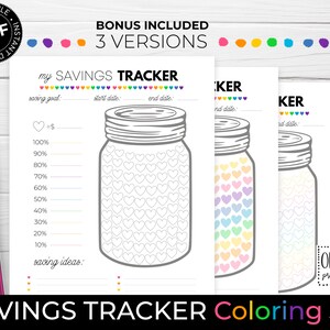 K&ouml;nnte beinhalten: Druckbarer Spar-Tracker mit drei verschiedenen Versionen. Der Tracker zeigt ein Einmachglas mit Herzen zum Ausmalen. Die erste Version ist schwarzwei&szlig;, die zweite Version hat Regenbogenherzen und die dritte Version hat Pastellherzen. Der Tracker enth&auml;lt einen Bereich f&uuml;r Sparziele, Startdatum, Enddatum und Sparideen.