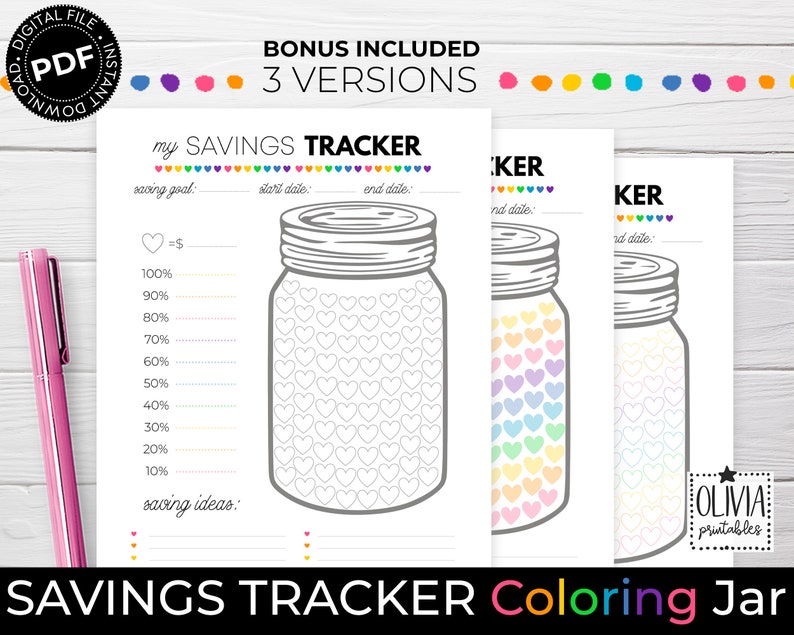 K&ouml;nnte beinhalten: Druckbarer Spar-Tracker mit drei verschiedenen Versionen. Der Tracker zeigt ein Einmachglas mit Herzen zum Ausmalen. Die erste Version ist schwarzwei&szlig;, die zweite Version hat Regenbogenherzen und die dritte Version hat Pastellherzen. Der Tracker enth&auml;lt einen Bereich f&uuml;r Sparziele, Startdatum, Enddatum und Sparideen.