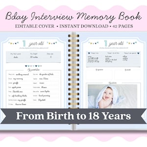 Kids Birthday Interview Memory Book Printable | All About Me Journal Birth to 18 Years | Baby to Teen Keepsake PDF | Editable Cover