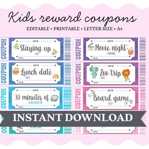 Editable Reward Coupons for Kids – Printable Reward Tickets, Pre-Filled & Blank Coupon Templates, Incentives for Boys Girls Instant Download