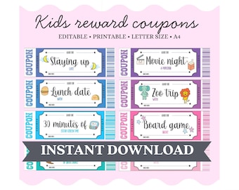 Bearbeitbare Belohnungsgutscheine für Kinder - Druckbare Belohnungstickets, vorgefüllte und leere Couponvorlagen, Incentives für Jungen und Mädchen, Sofort-Download