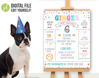 EDITABLE Dog Birthday Sign, Pet Birthday Party, Birthday Stats for Puppy, Dog Printable White Board, Dog Milestone Board, Party Photo Prop.