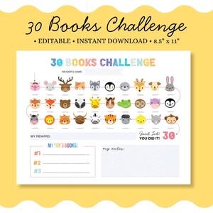 Printable Reading Challenge for Kids, 30 Books Reading Tracker, Kids Reading Log, Editable Reading Chart for Boys and Girls, PDF