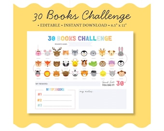Printable Reading Challenge for Kids, 30 Books Reading Tracker, Kids Reading Log, Editable Reading Chart for Boys and Girls, PDF
