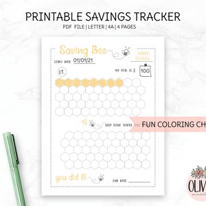 May include: Printable savings tracker with a bee theme. The tracker features a honeycomb chart with a goal of $100. The chart is designed to be colored in as you save money. The text "Saving Bee" is at the top of the page, along with the text "FUN COLORING CHART".