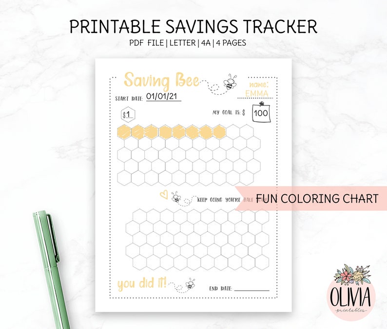 May include: Printable savings tracker with a bee theme. The tracker features a honeycomb chart with a goal of $100. The chart is designed to be colored in as you save money. The text "Saving Bee" is at the top of the page, along with the text "FUN COLORING CHART".