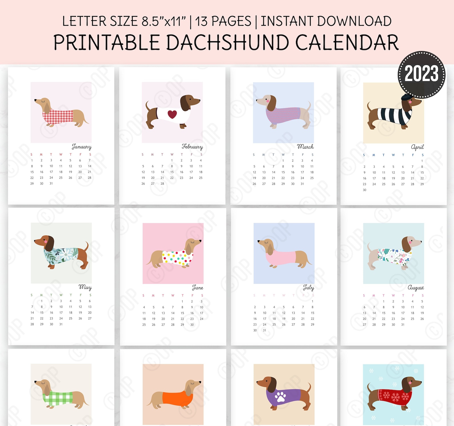 PRINTABLE Dachshund Wall Calendar 2023 Dachshund Art - Etsy Singapore