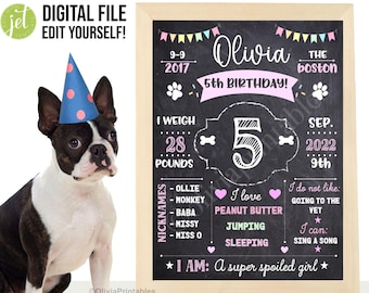 EDITABLE Pet Birthday Sign, Dog Birthday Chalkboard, Birthday Stats for Puppy Dog, Dog Milestone Board, Photo Prop Poster, Personalized Sign