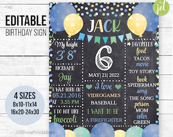 EDITABLE Birthday Sign, Boy Birthday Decoration, Chalkboard Sign , Birthday Stats , Kid Birthday Milestone Sign, Photo Prop, Digital File