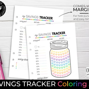 K&ouml;nnte beinhalten: Druckbarer Spar-Tracker mit einem Maltopf-Motiv. Der Tracker hat einen Topf mit einem Regenbogen aus Herzen zum Ausmalen, w&auml;hrend du sparst. Er enth&auml;lt ein Sparziel, ein Startdatum, ein Enddatum und Platz f&uuml;r Sparideen.