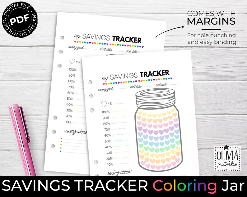 K&ouml;nnte beinhalten: Druckbarer Spar-Tracker mit einem Maltopf-Motiv. Der Tracker hat einen Topf mit einem Regenbogen aus Herzen zum Ausmalen, w&auml;hrend du sparst. Er enth&auml;lt ein Sparziel, ein Startdatum, ein Enddatum und Platz f&uuml;r Sparideen.