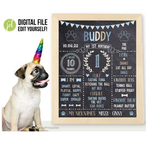 EDITABLE Pet Birthday Chalkboard, Blue Dog Birthday Sign, Dog Printable Sign, Birthday Stats for Puppy, Dog Milestone Board, Party Photo.