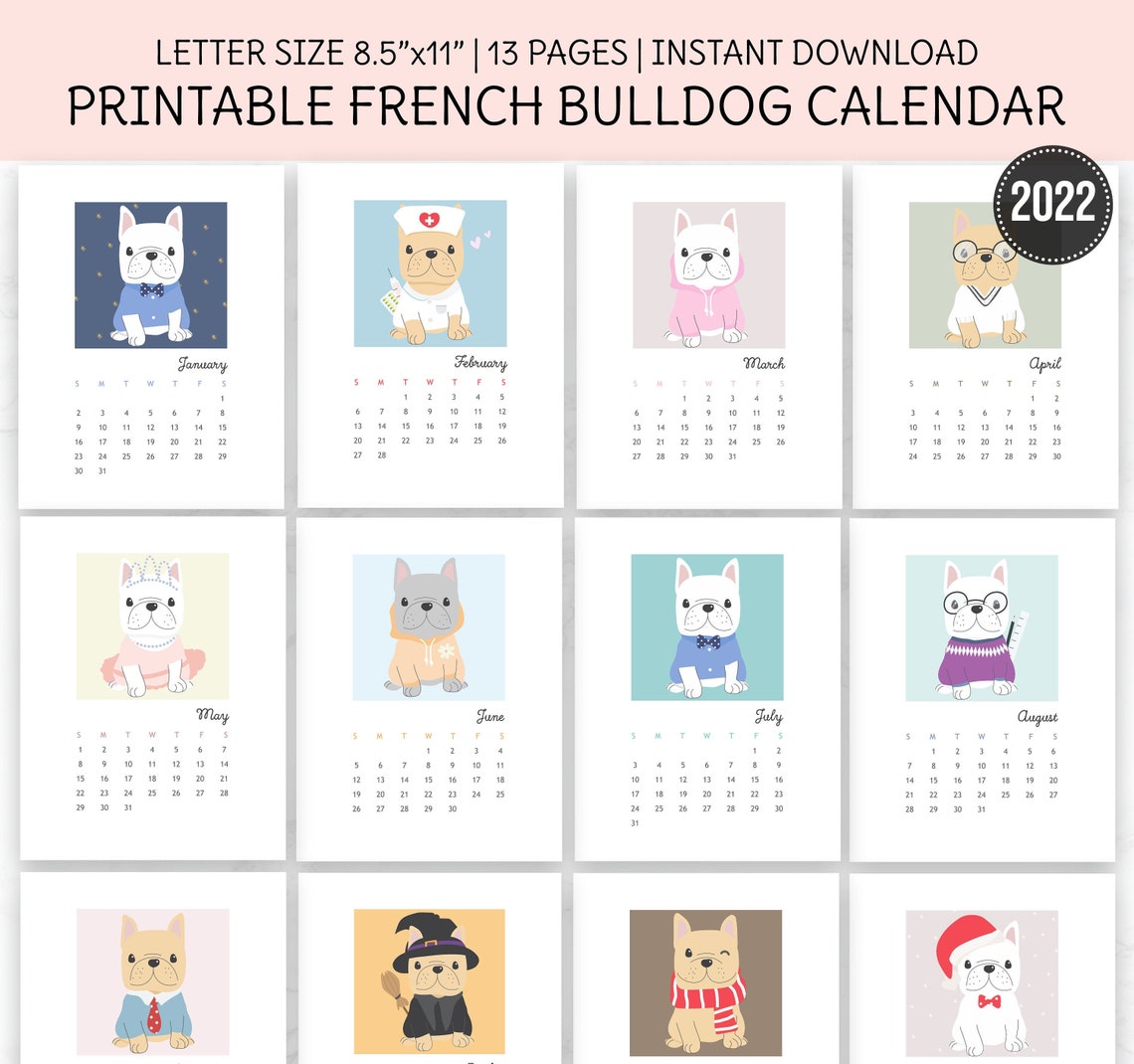French Bulldog Calendar 2022 Printable Calendar Frenchie Dog Etsy