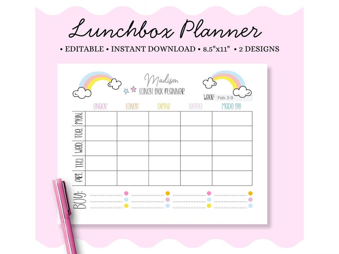 Printable Lunch Box Planner for Kids, Weekly Meal Planner Template ...