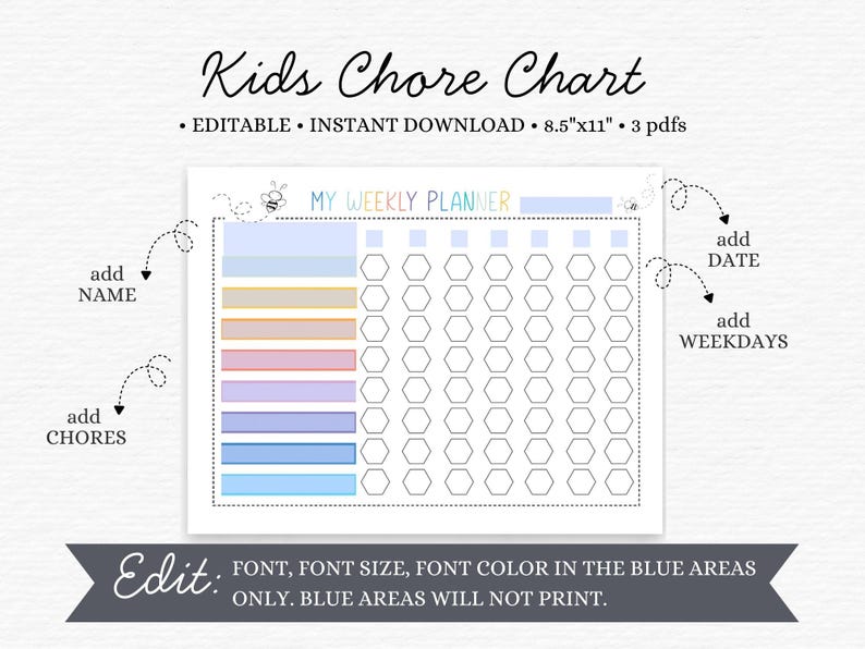 Printable Weekly Chore Chart for Kids, Editable Weekly Planner, Family ...