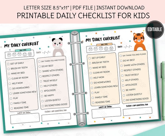 PRINTABLE Checklist for Kids Editable to Do List Daily | Etsy