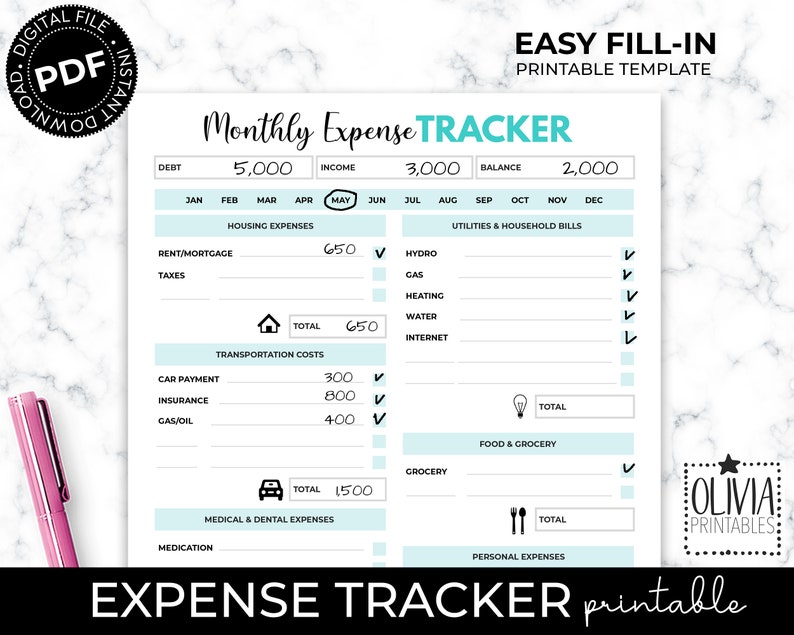 Printable Expense Tracker Monthly Expenses Log HP Insert - Etsy