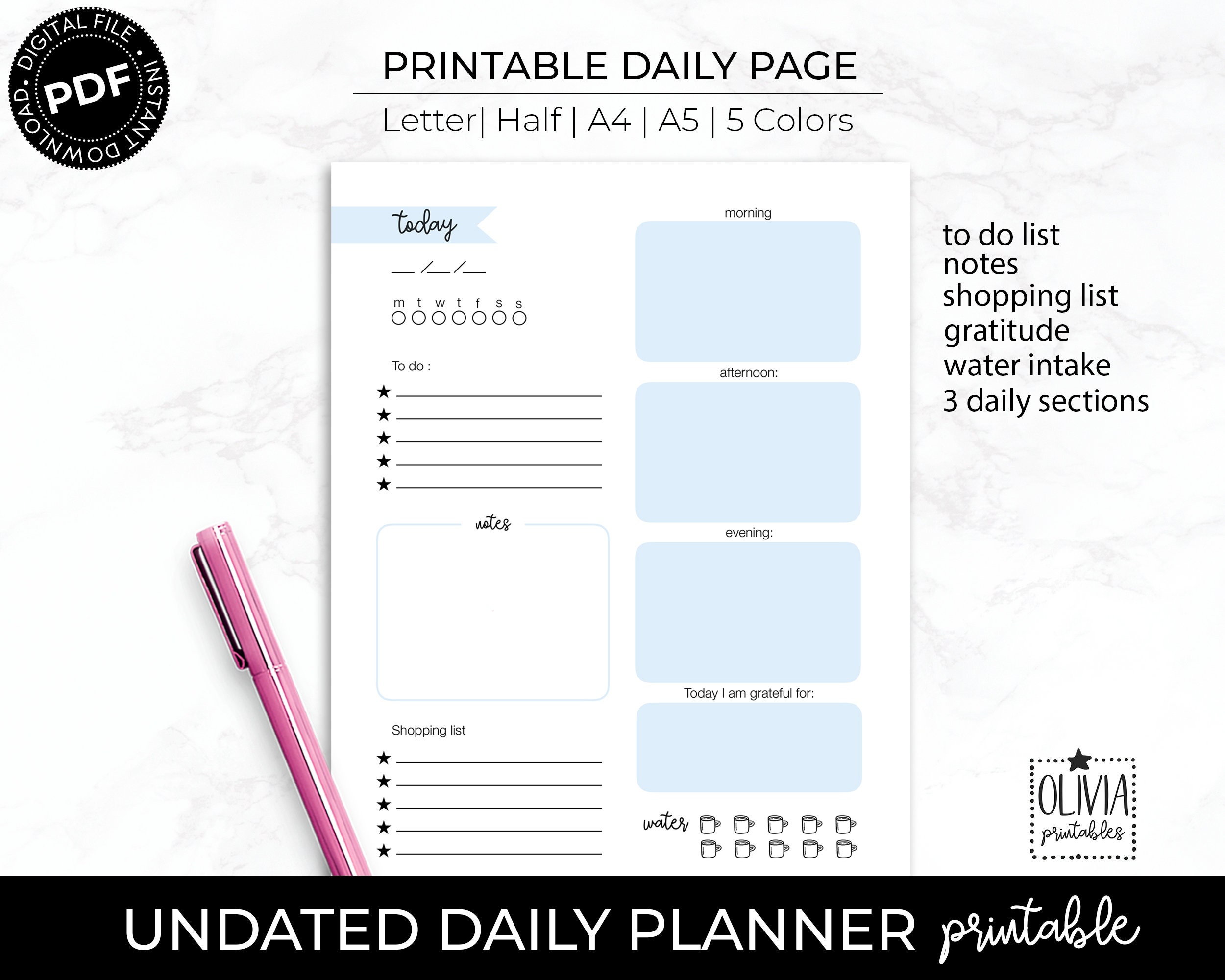 undated daily planner printable planner page day planner etsy