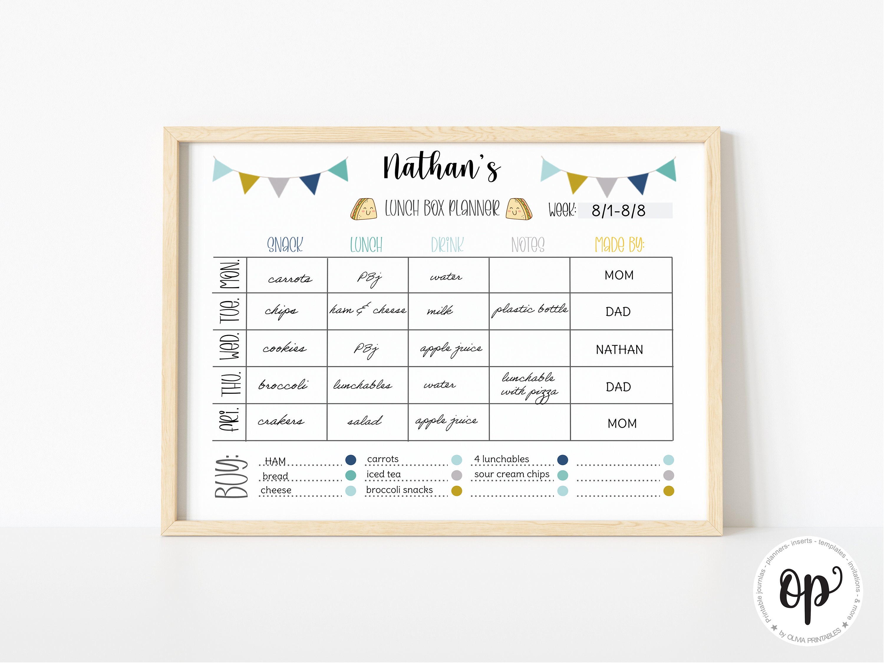 Lunch Box Planner Template, Printable Lunch Box, Meal Planner, Menu