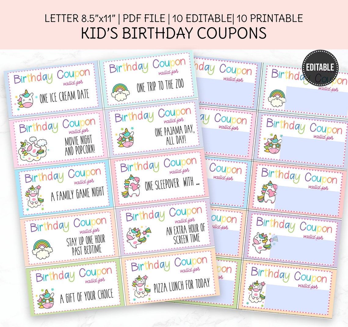 Unicorn Birthday Coupons, Kid Bday Present, Editable and Printable
